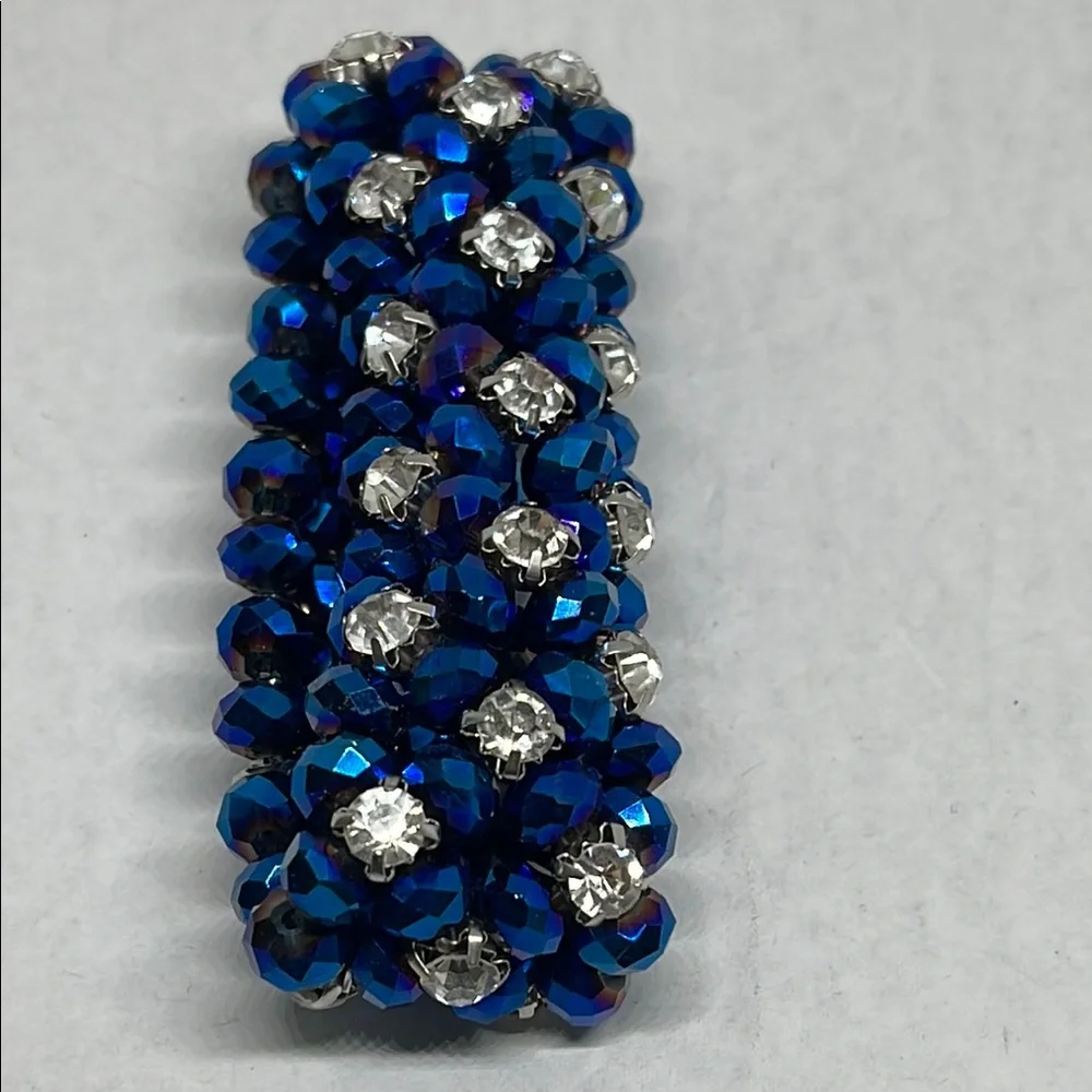 Vtg gorgeous Blue bead clear stretch prong set rhinestone Bracelet beautiful
